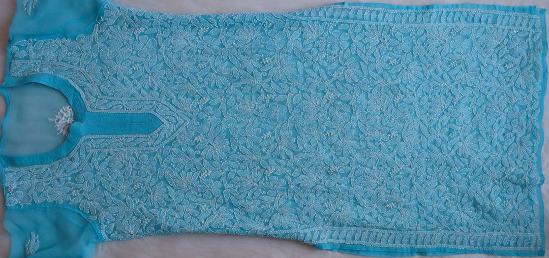 Nazish Aqua Blue & White Long Georgette kurta