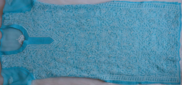 Nazish Aqua Blue & White Long Georgette kurta