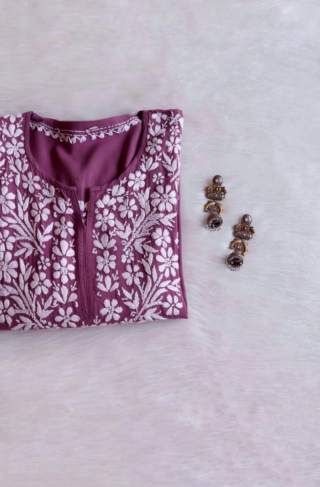 Zahrah Dusty Purple Long Modal Kurta - Noor Chikankari