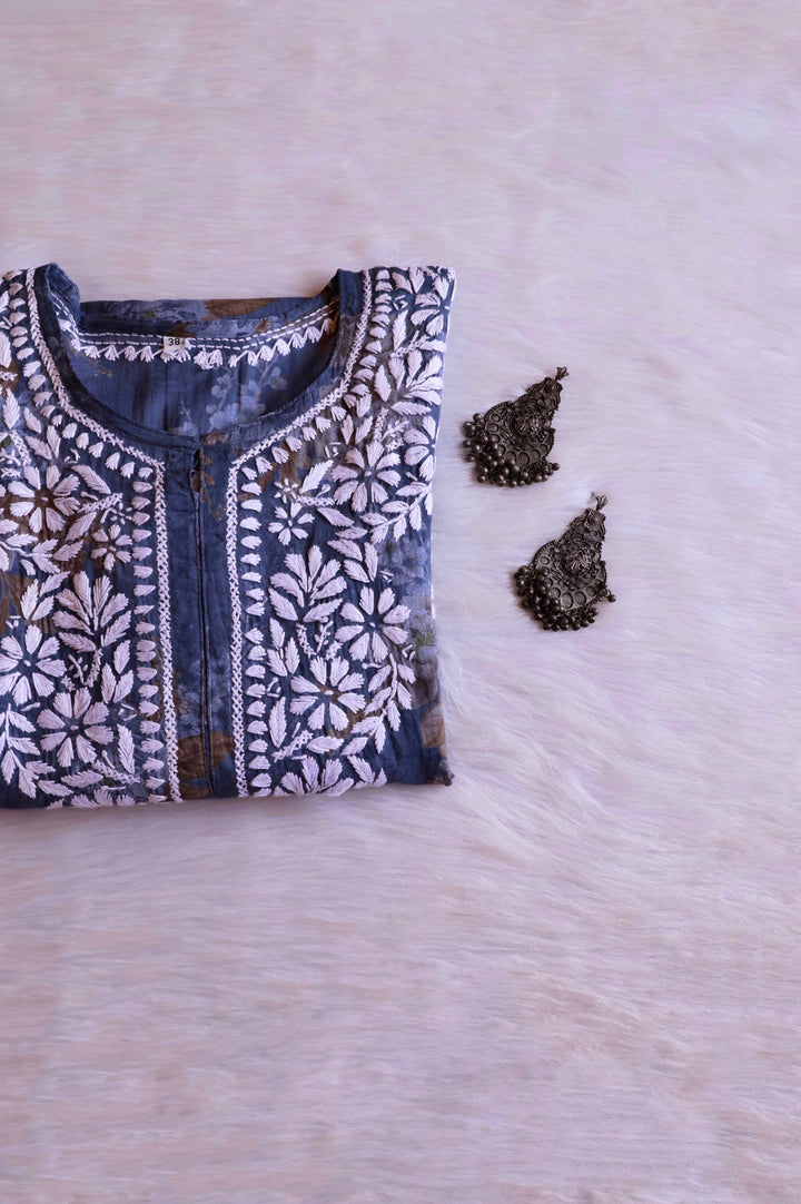 Dahlia Navy Blue Floral Long MulMul kurta - Noor Chikankari