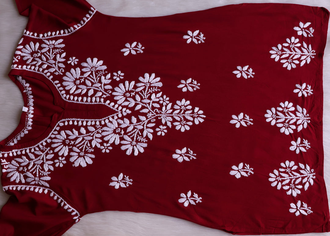 Aayat Maroon Short Rayon Kurta - Noor Chikankari