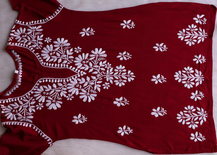 Aayat Maroon Short Rayon Kurta - Noor Chikankari