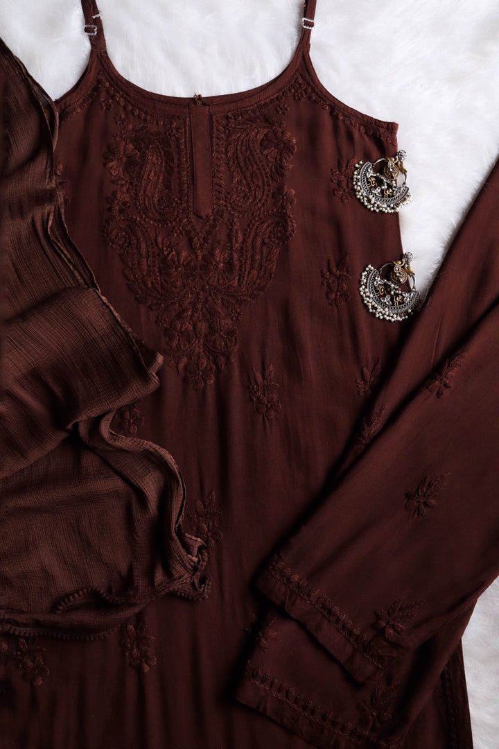 Haania Chocolate Brown Noodle Strap 3 Piece Kurta set