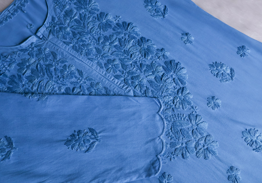 Gul Ice Blue Scalloped Long Rayon Kurta