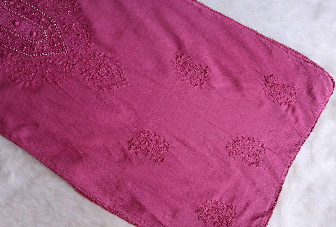 Mauve Pink Long Cotton Jacquard Pearl kurta