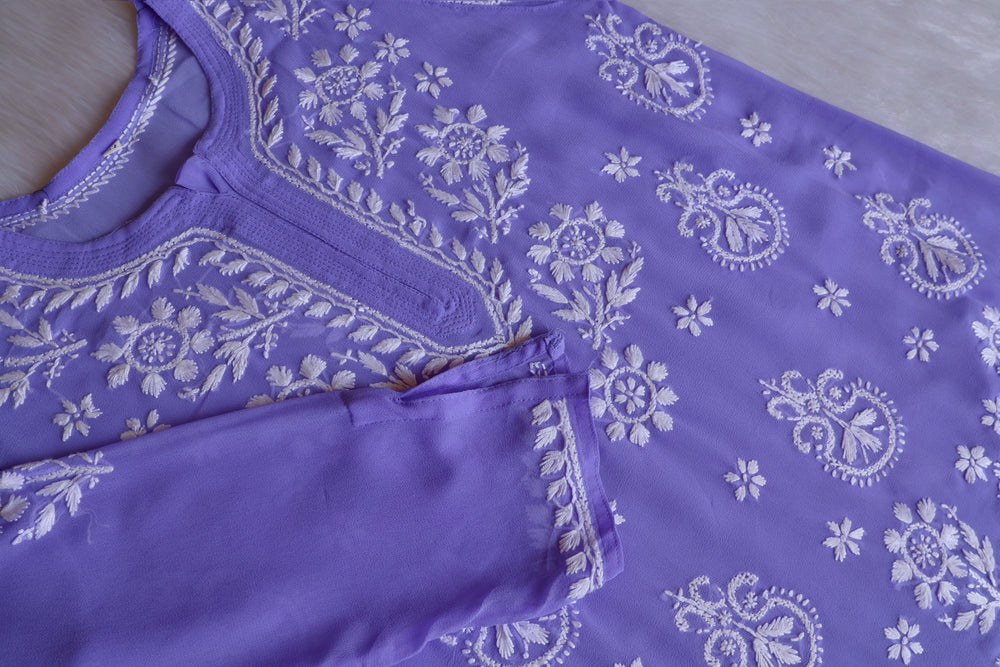Zaira Lavender & White Short Georgette Kurta - Noor Chikankari
