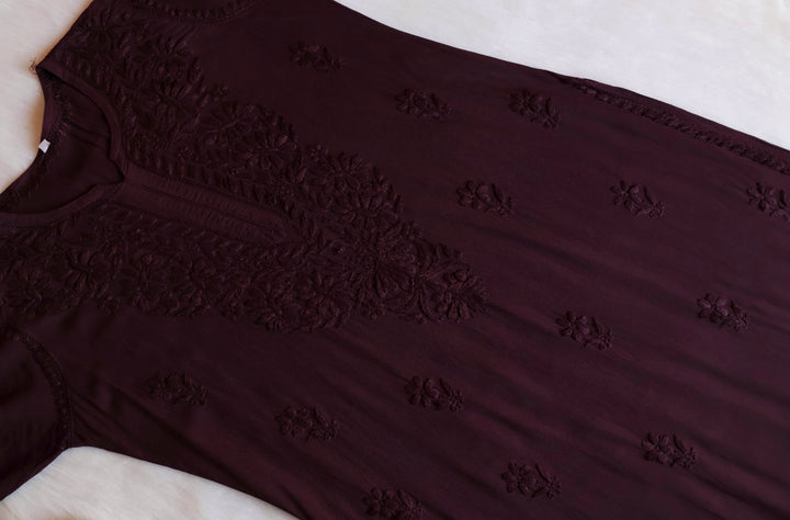 Amirah Chocolate Brown Long Rayon Kurta - Noor Chikankari