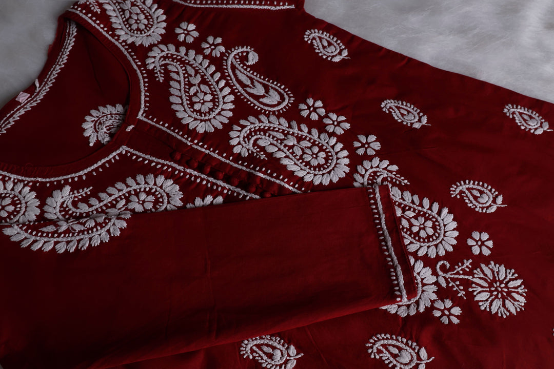 Maroon & White Cotton Kurta