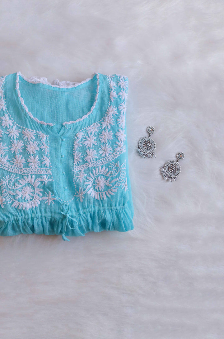 Daania Sky Blue & White Kota Pearl short Frock