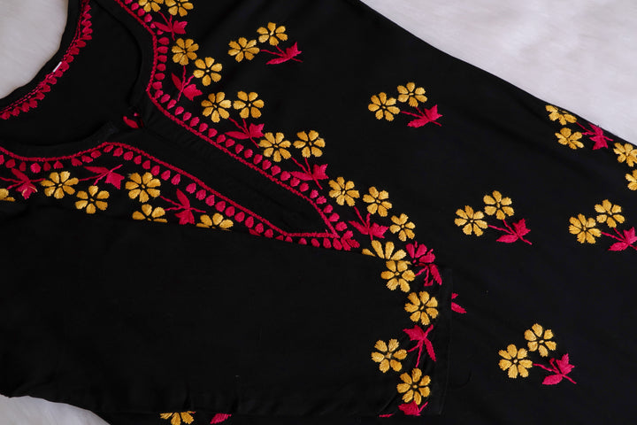 Sitara Black, Pink & Yellow Rayon Kurta Set - Noor Chikankari