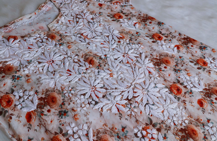 Gulbahaar Beige Floral Long Rayon kurta - Noor Chikankari