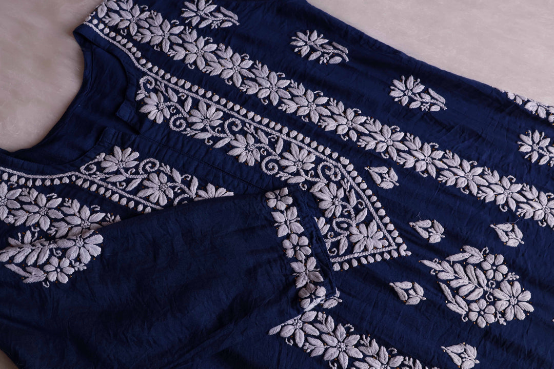 Alizah Navy Blue Linen Chanderi Mukaish Kurta
