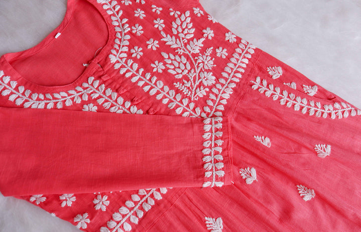 Safaa Rose Pink & White Linen Kurta