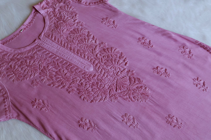 Amirah Dusty Lavender Ombre Long Rayon Kurta - Noor Chikankari