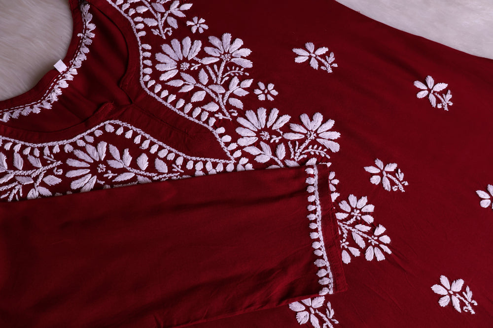 Aayat Maroon Short Rayon Kurta - Noor Chikankari
