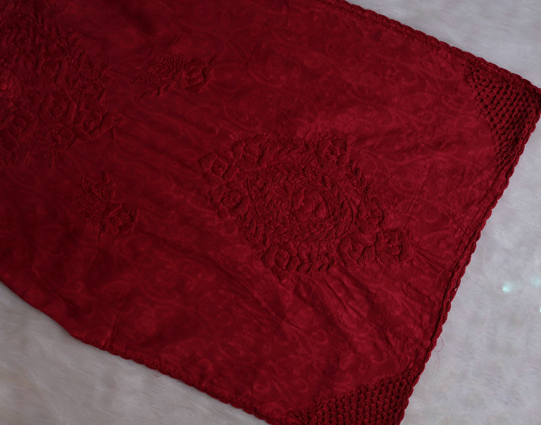 Maroon Long Jacquard Lace Cotton kurta - Noor Chikankari