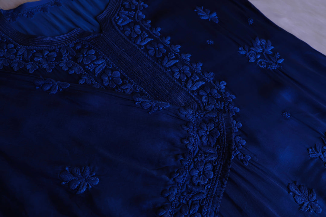 Mehr Royal Blue Long Modal Silk Kurta - Noor Chikankari