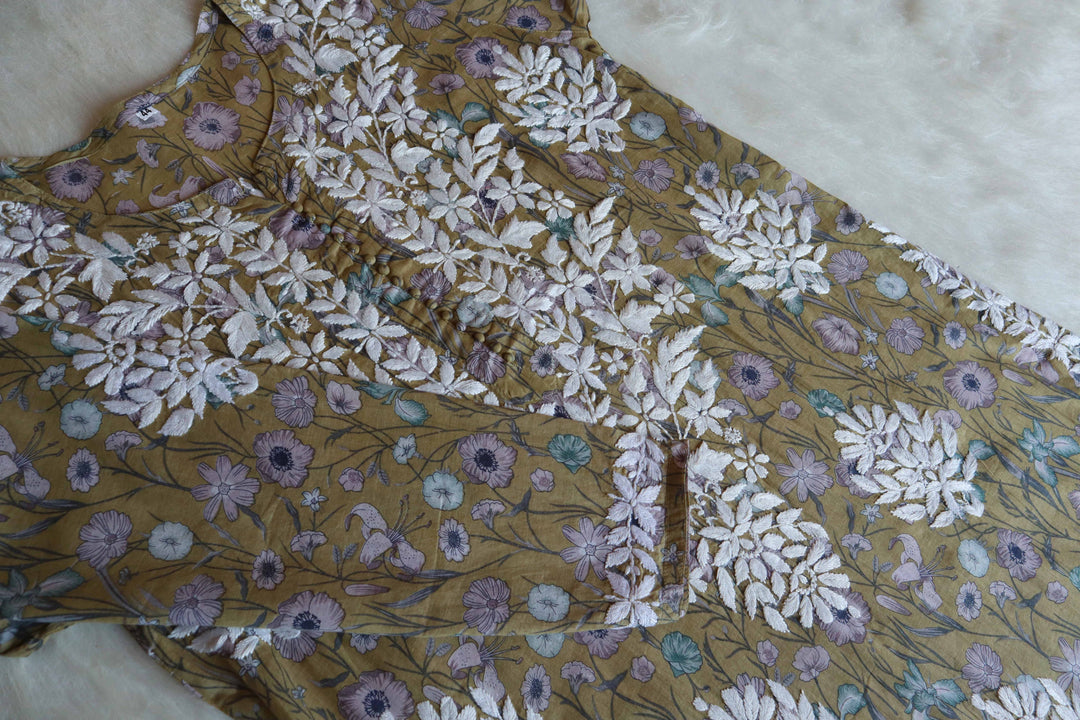 Abiha Olive Floral Luxe MulMul kurta