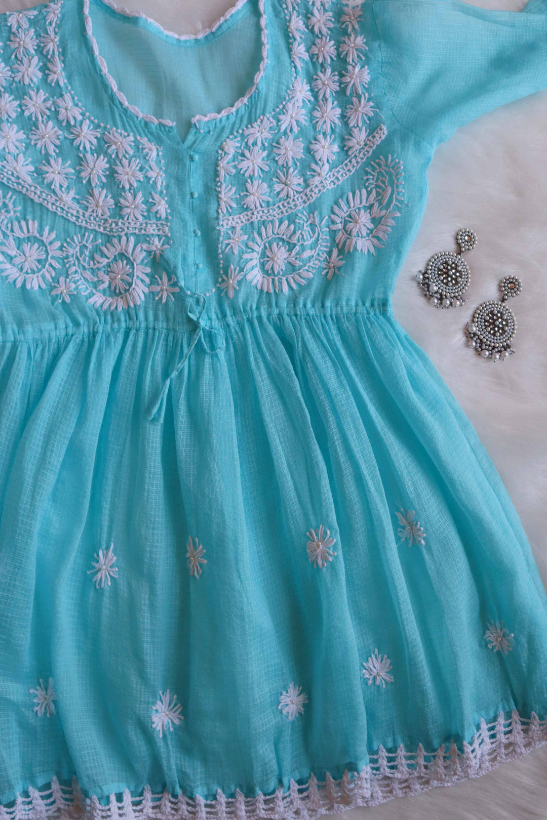 Daania Sky Blue & White Kota Pearl short Frock