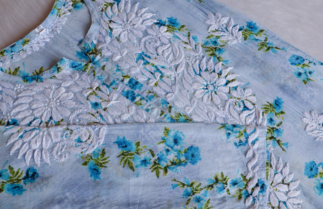 Gul Blue Floral Long MulMul Kurta