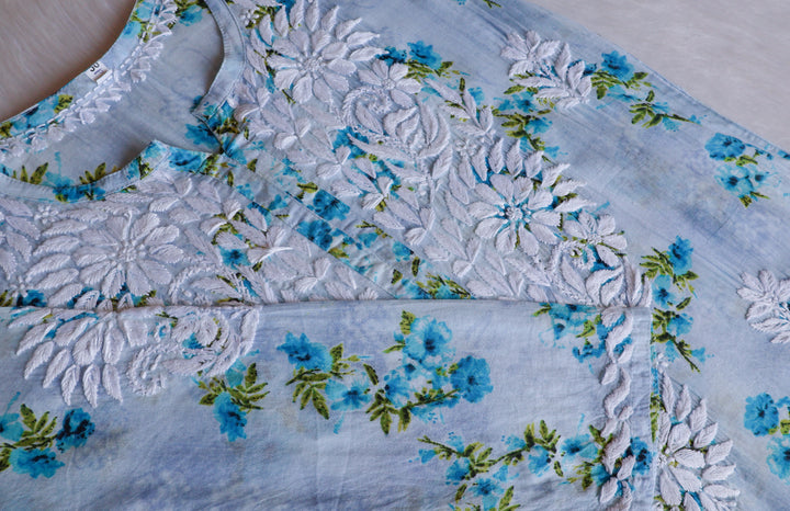 Gul Blue Floral Long MulMul Kurta