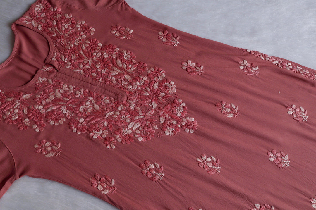 Nuresa Rose Brown Ombre Thread Long Rayon Kurta