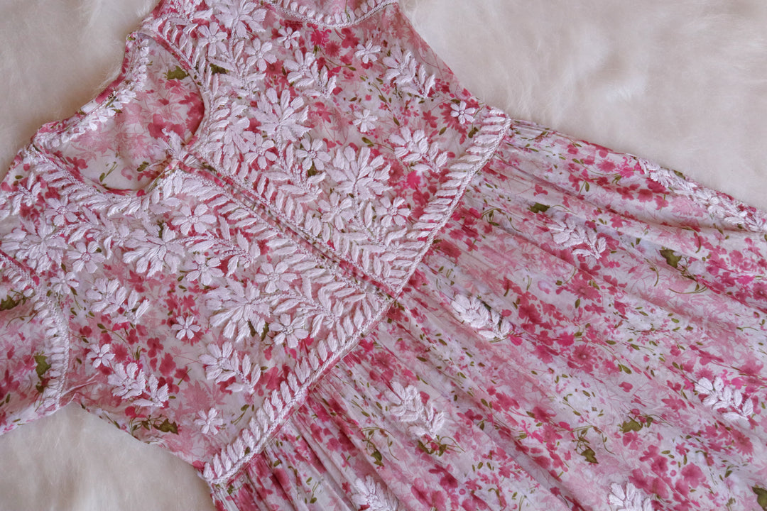 Inayah White & Pink Floral Mulmul Nyra Cut Dress