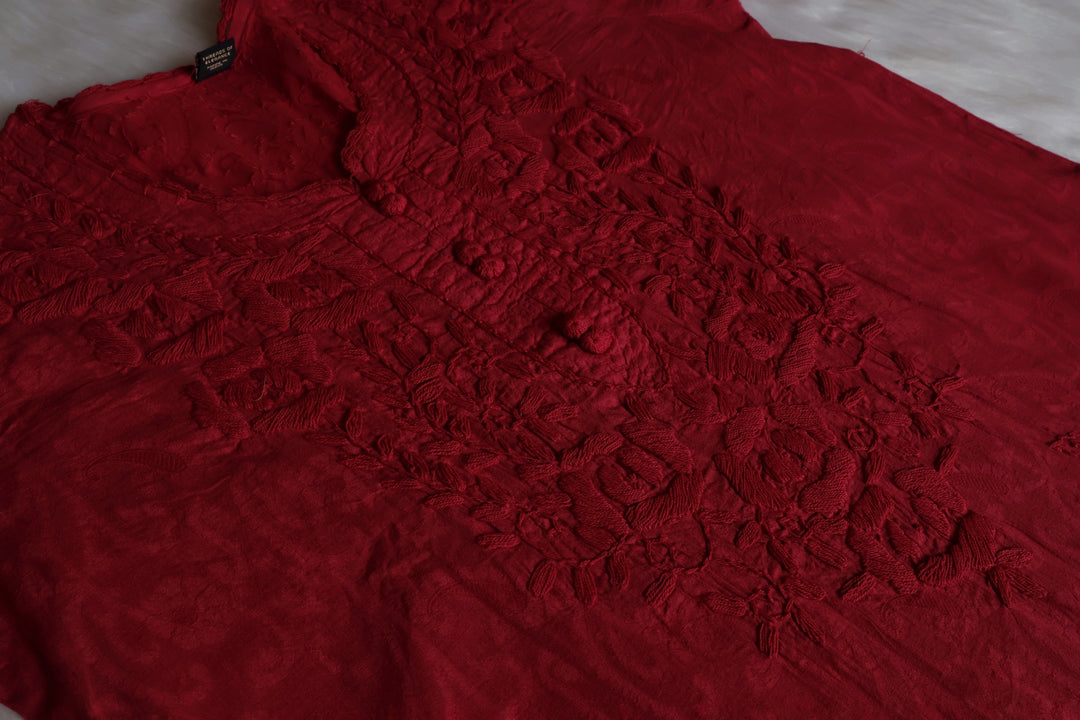 Maroon Long Jacquard Lace Cotton kurta - Noor Chikankari
