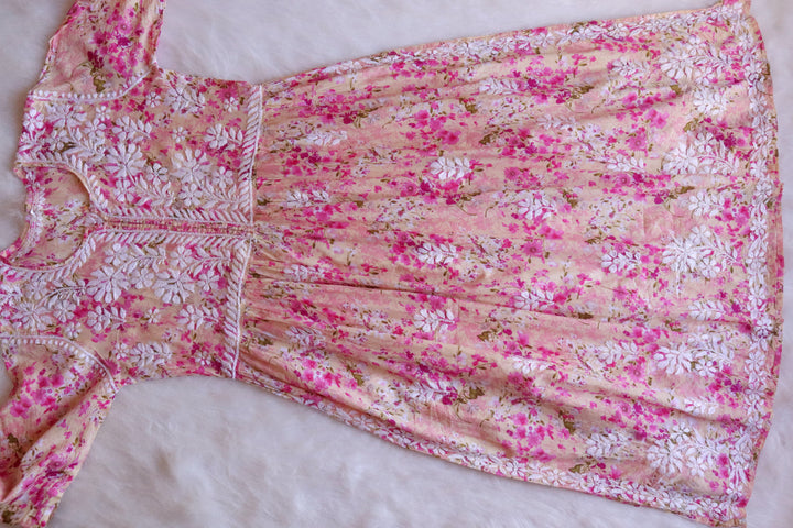 Inayah Beige & Pink Floral Mulmul Nyra Cut Dress