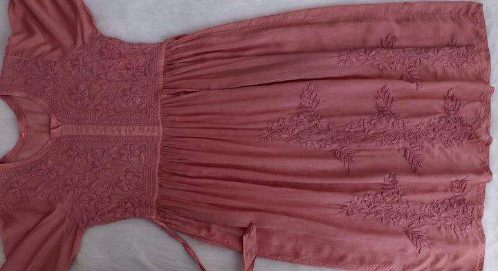 Aafiyat Pure Muslin Rose Brown Chikankari Fit and Flare dress