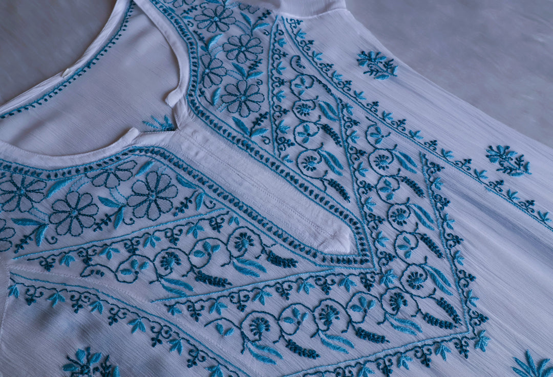Hoorain White & Blue Pure Chiffon Kurta