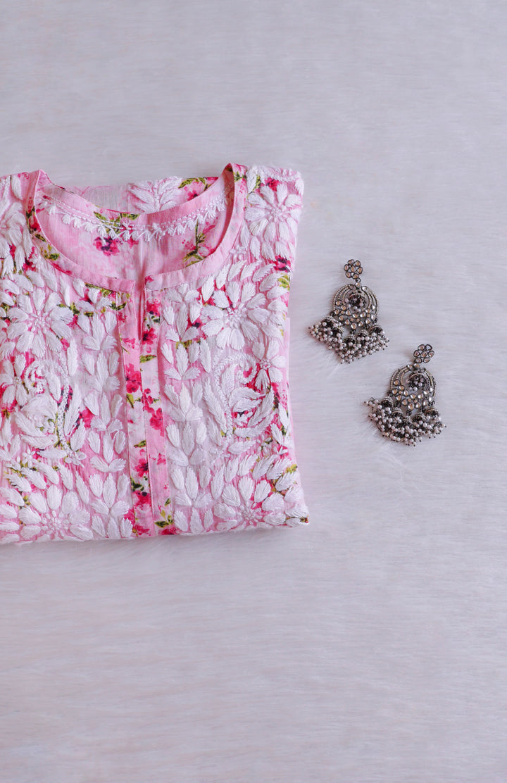 Gul Pink Floral Long MulMul Kurta