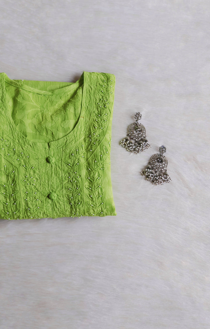 Green Long Jacquard Pearl Cotton kurta