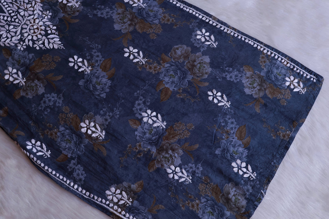 Dahlia Navy Blue Floral Long MulMul kurta - Noor Chikankari