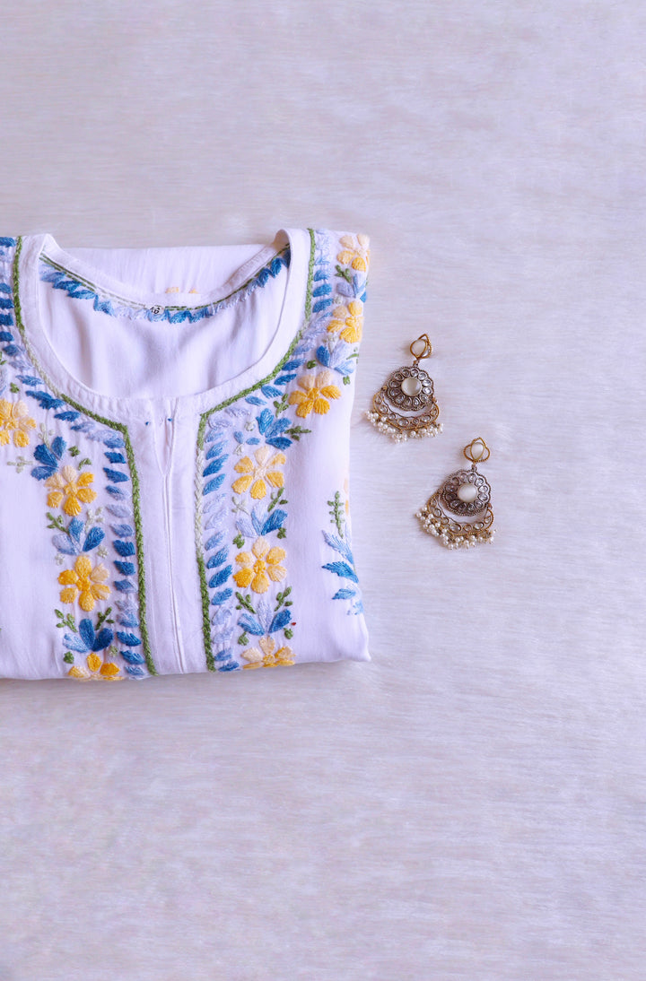 Gul-e-Jahaan White, Yellow & Blue Rayon Kurta