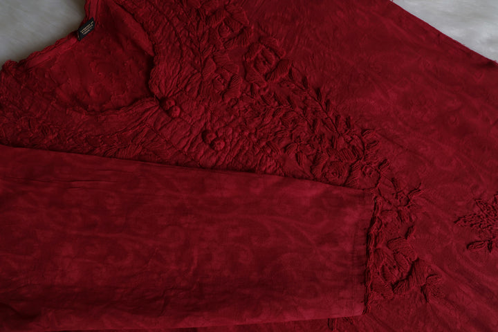 Maroon Long Jacquard Lace Cotton kurta - Noor Chikankari