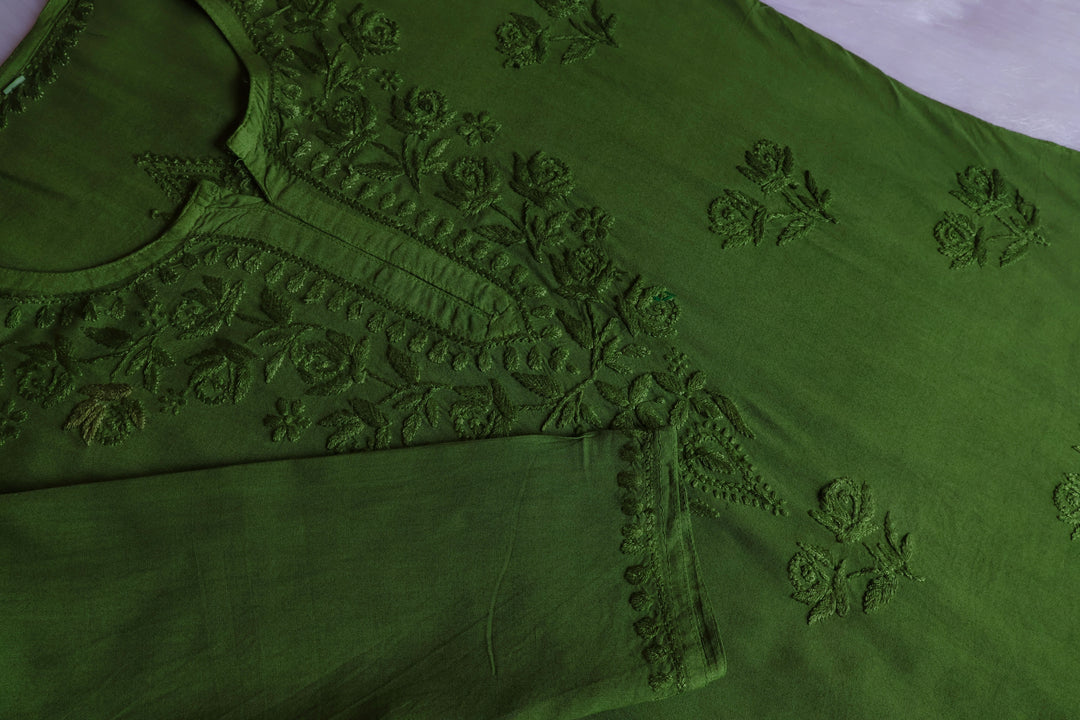Gul Olive Green Short Rayon Kurta - Noor Chikankari