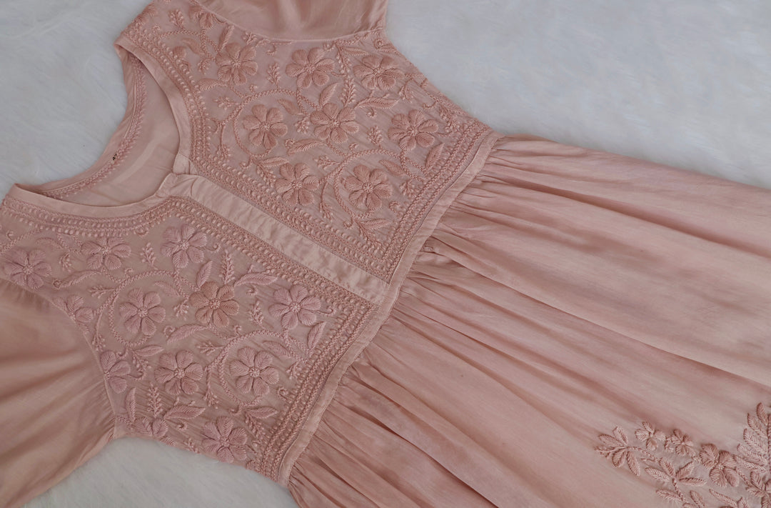 Aafiyat Pure Muslin Beige Chikankari Fit and Flare dress