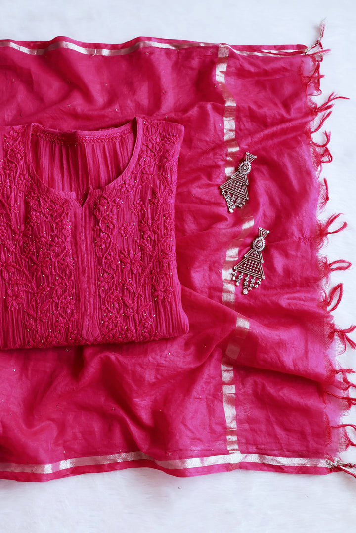 Naqsh Deep Pink Pure Chanderi Mulmul Set