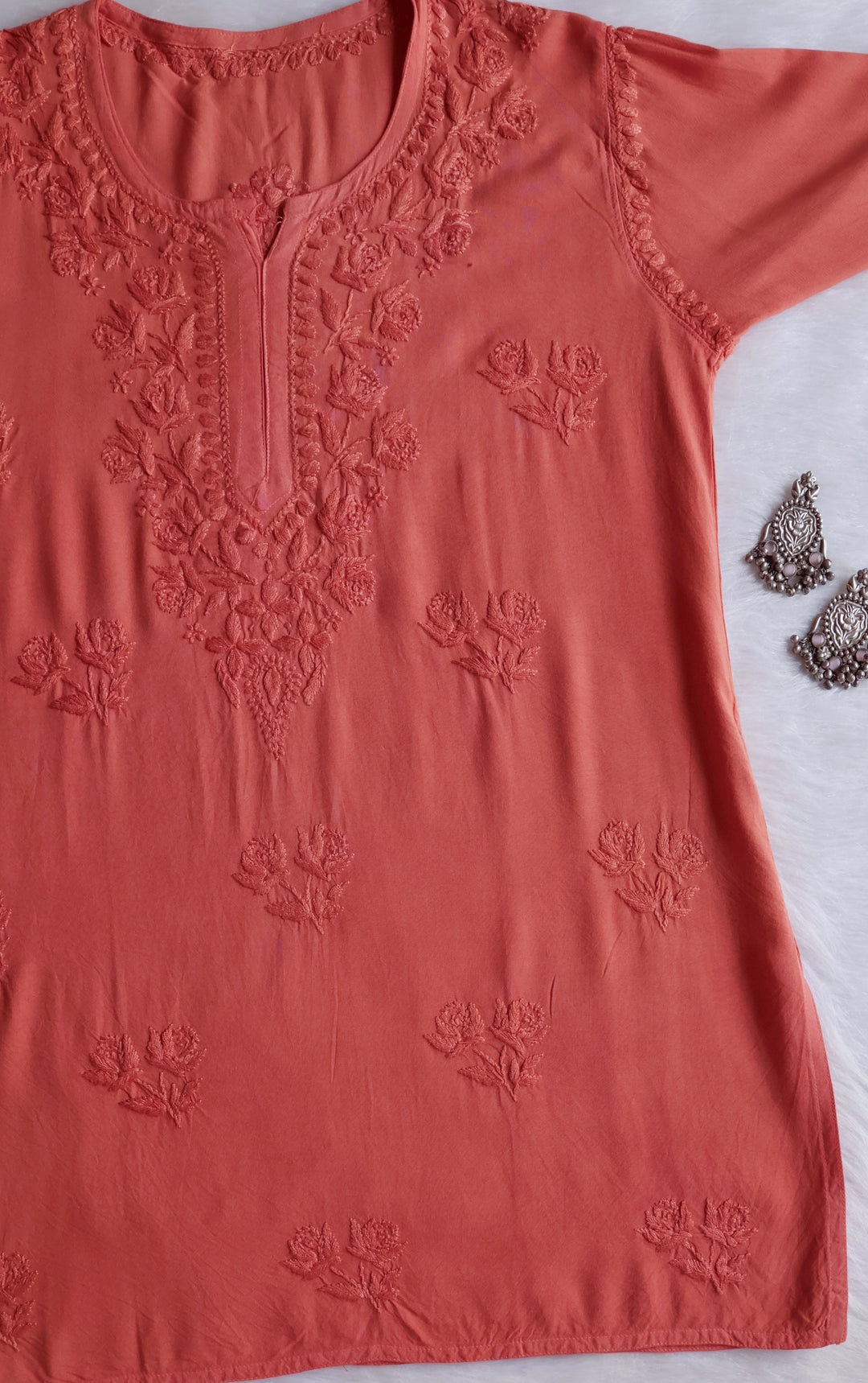 Gul Rose Brown Short Rayon Kurta - Noor Chikankari