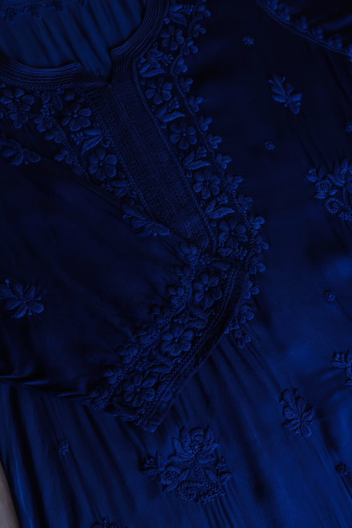 Mehr Royal Blue Long Modal Silk Kurta - Noor Chikankari
