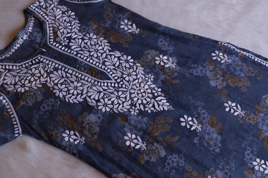 Dahlia Navy Blue Floral Long MulMul kurta - Noor Chikankari