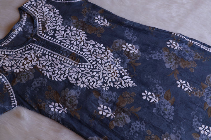 Dahlia Navy Blue Floral Long MulMul kurta - Noor Chikankari