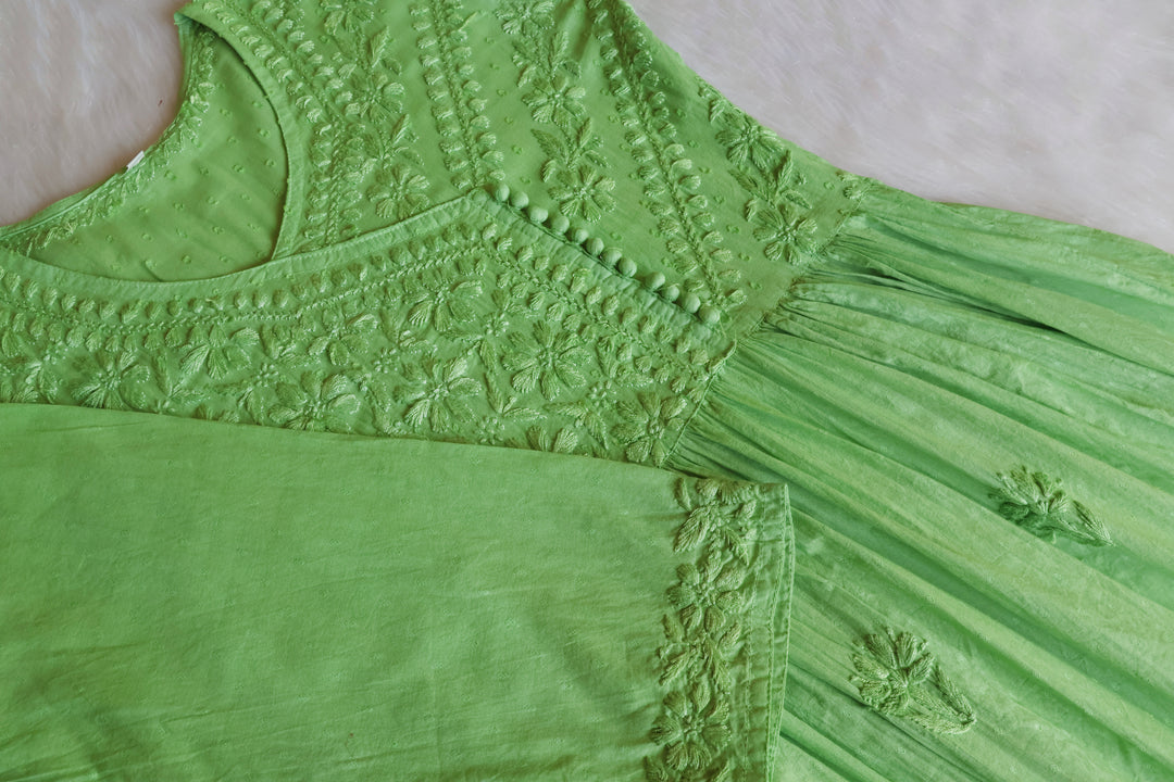 Nazakat Lime Green Pure Cotton Angarakha Dress - Noor Chikankari