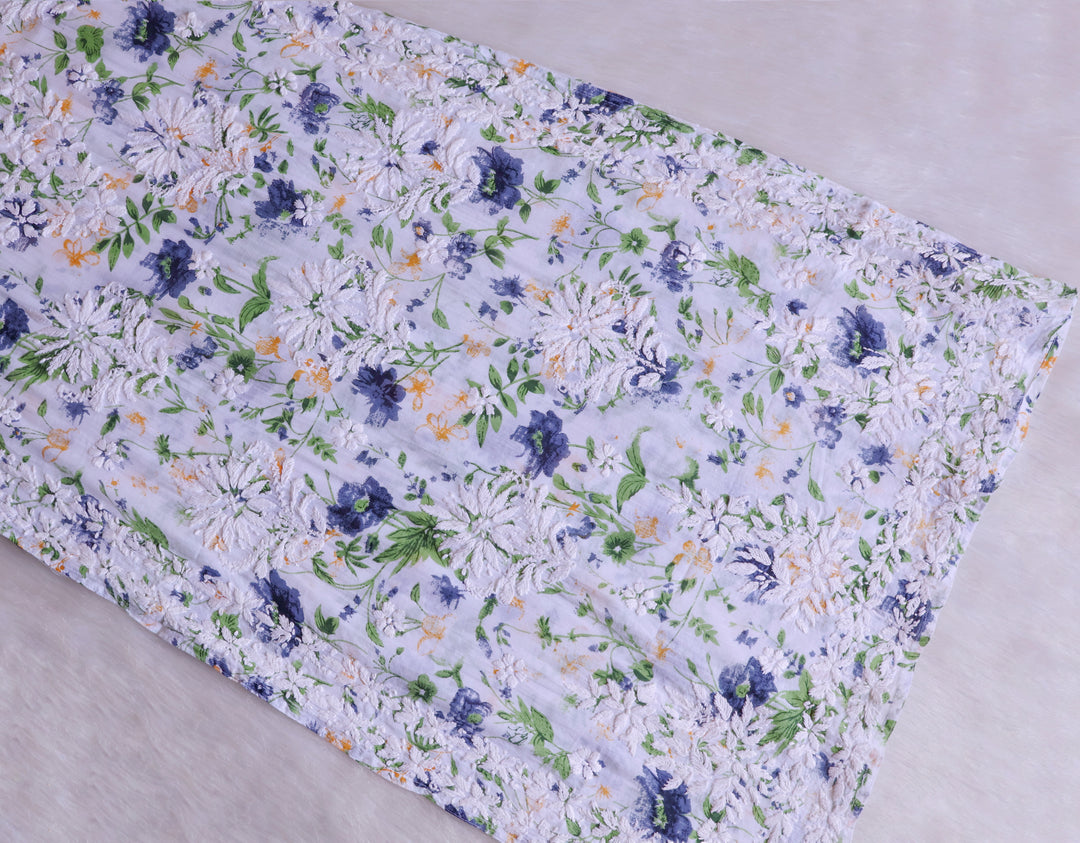 Amna White & Navy Blue Floral Long MulMul kurta
