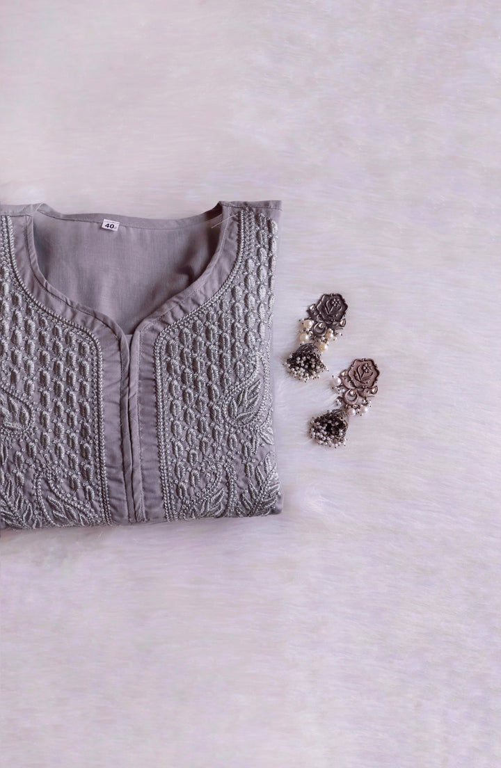 Zahra Grey Cotton Kurta - Noor Chikankari