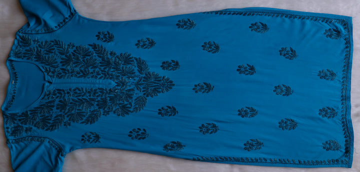 Ayra Peacock Blue Long Rayon kurta - Noor Chikankari