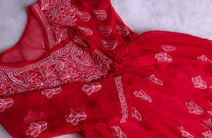 Red & White Georgette Angrakha frock