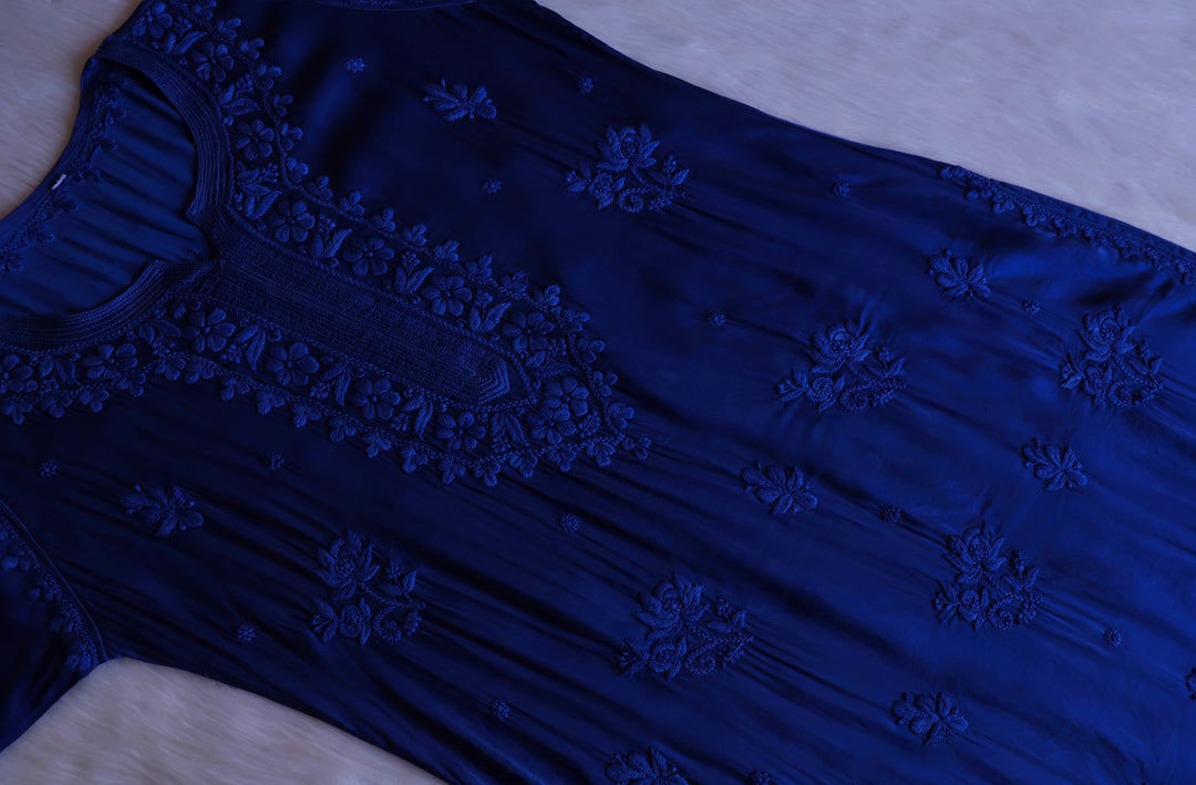 Mehr Royal Blue Long Modal Silk Kurta - Noor Chikankari