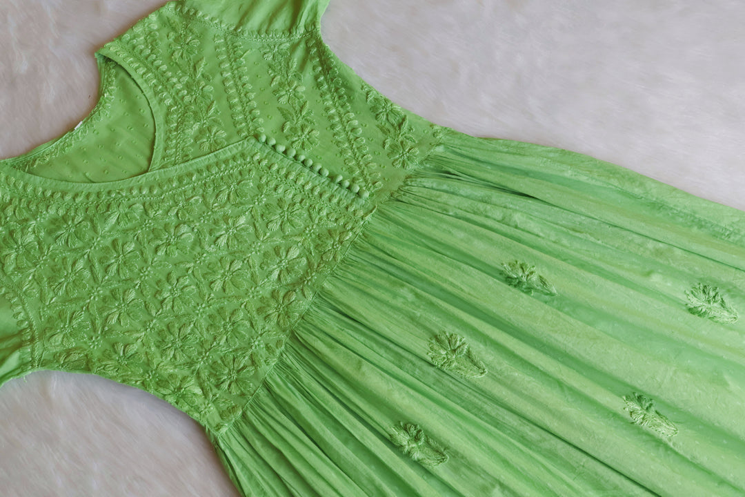 Nazakat Lime Green Pure Cotton Angarakha Dress - Noor Chikankari